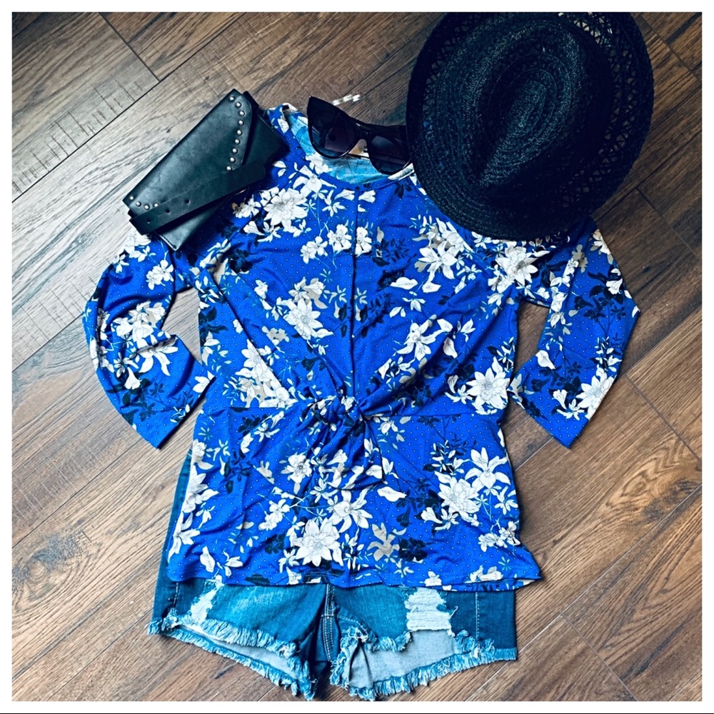 Floral royal blue tie top - Picture 3 of 6